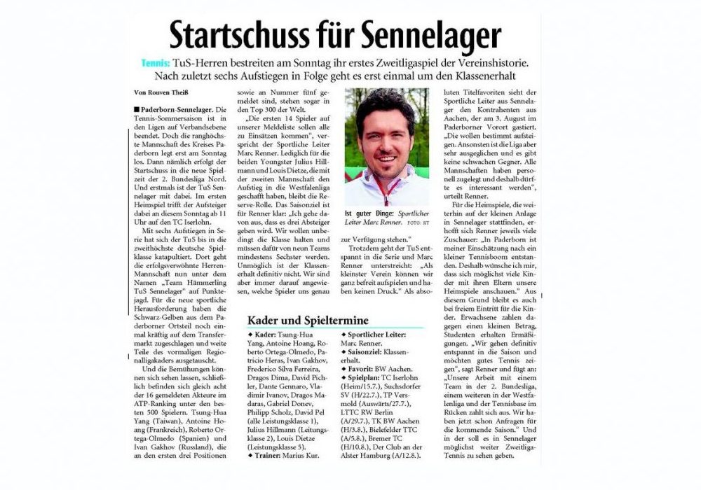 Neue Westfälische Zeitung: Saisonvorschau Tennis